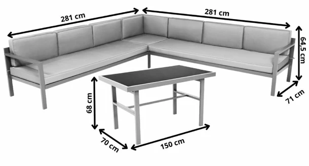 Wymiary produktu Grande divano angolare per 6 persone con tavolo Porto Comida 6 antracite Garden Point - 0x0x0