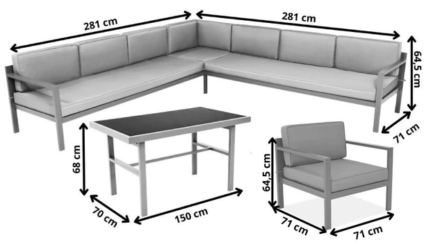 Wymiary produktu Set da salotto con grande angolo Porto Comida 8 antracite Garden Point - 0x0x0