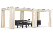Pergola per patio Barbados 3x6 m con tende Garden Point bianche e beige